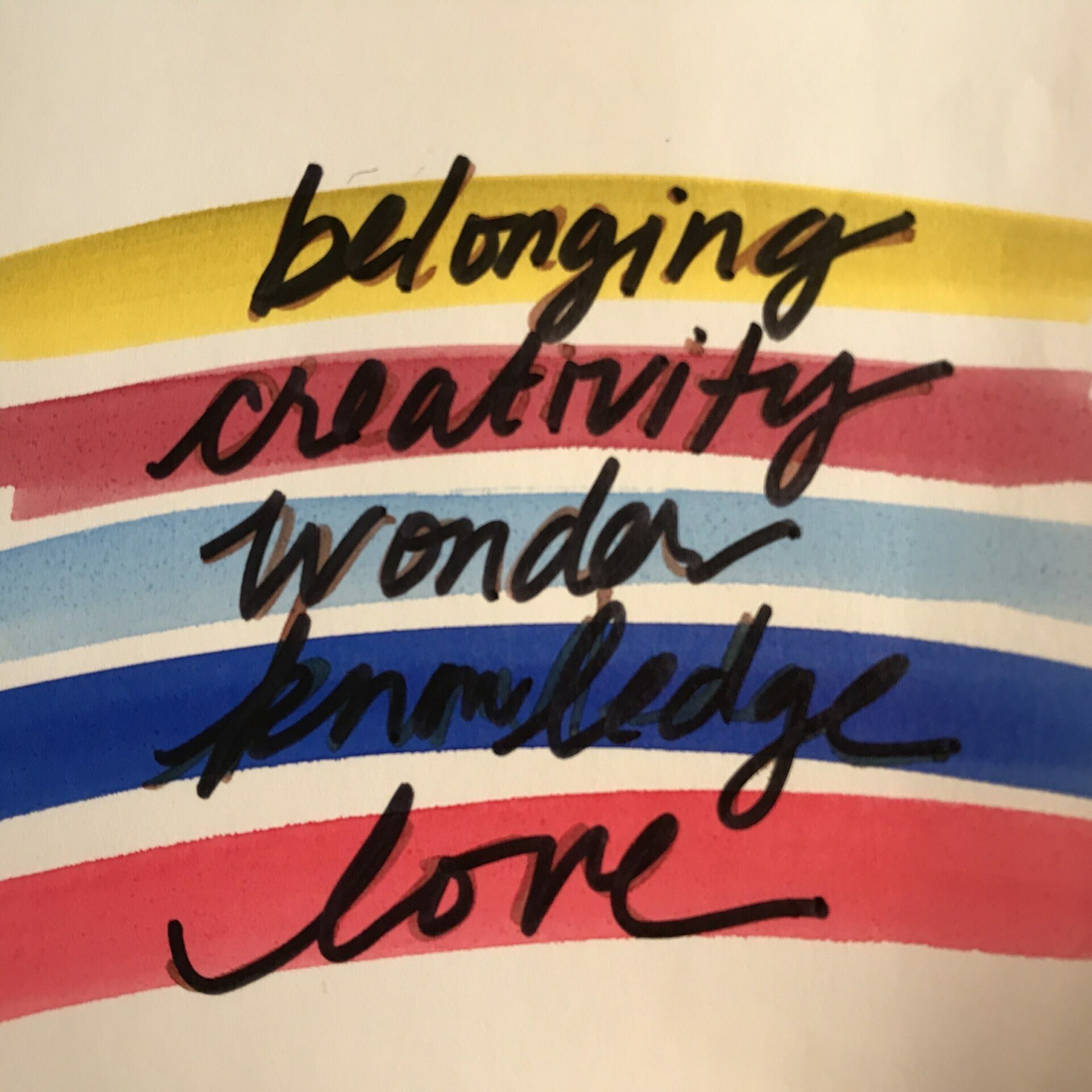 Highlighted words: belonging, creativity, wonder, knowledge and love